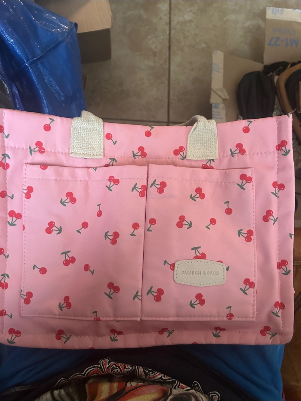 Pink Cherry Print Tote Bag with Cream Handles